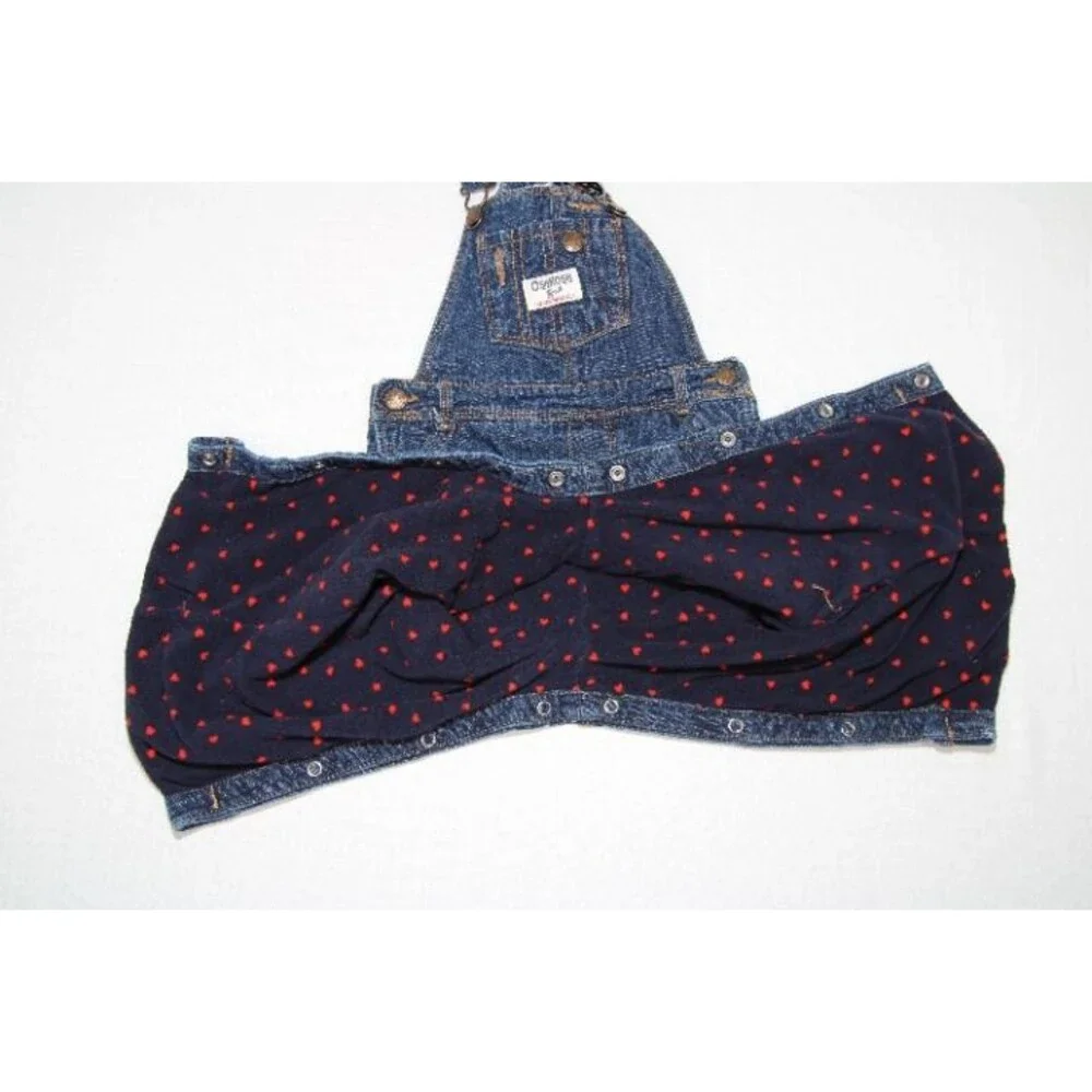 OshKosh Girls Denim Overalls Set 18M Red Plaid Heart Blue Fleece Lined 2pc